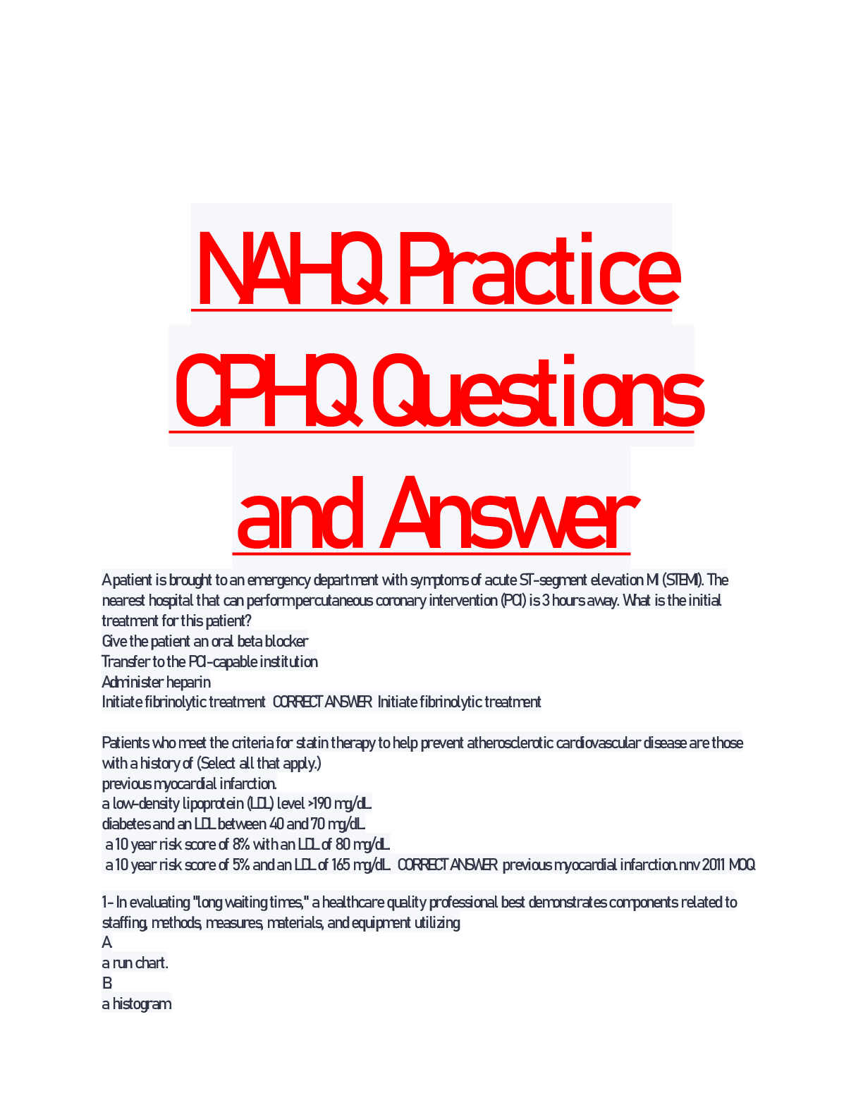 Preview image for NAHQ Practice  CPHQ Questions  and Answer